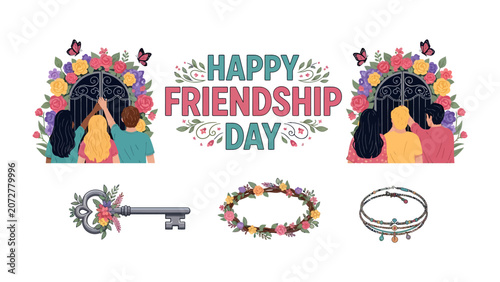 фотографія Celebrating Friendship: A heartwarming illustration depicting the joy of friendship with a loving embrace between two people, surrounded by vibrant floral arches and whimsical butterflies