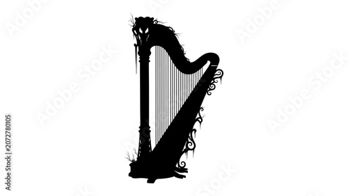 Fotografía Mysterious Harp Silhouette: A striking black silhouette of a harp, adorned with dark, ethereal tendrils and a hint of eyes within its frame, evokes a sense of dark fantasy and haunting melody