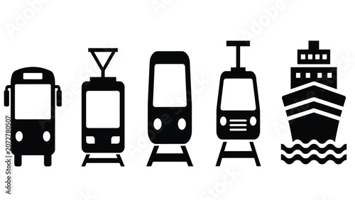 Set of public transportation icons including bus tram train and ship for travel and logistics design Vector