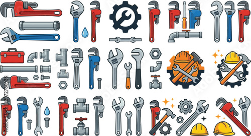 Foto Plumbing tools vector icons set with pipe wrenches spanners hammers hardhats and