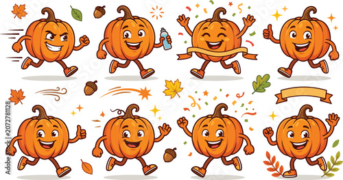 Cuadro en lienzo Pumpkin mascot character vector icons set with funny running autumn gourds for m