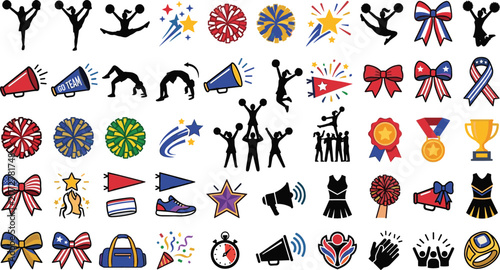 Photos Cheerleading vector icons set with cheerleader silhouettes pom poms megaphones h