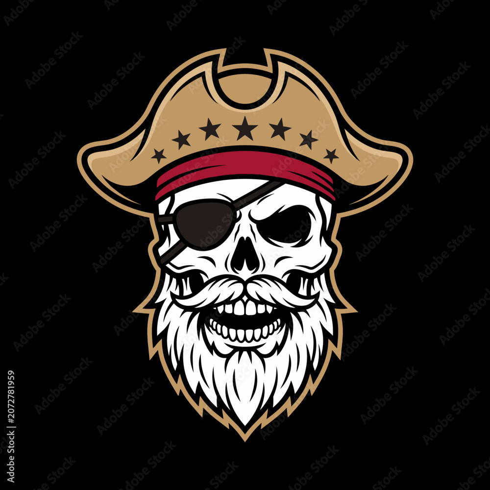 Fototapeta premium Bearded pirate skull wearing tricorn hat mascot.