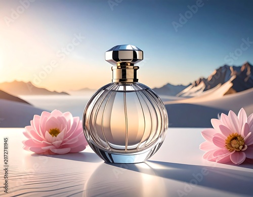 Elegant perfume bottle with floral accents and scenic background