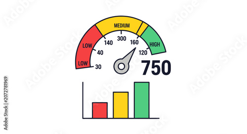 An illustration of a performance gauge showing a high score of 750, accompanied by a bar chart indicating different performance levels.