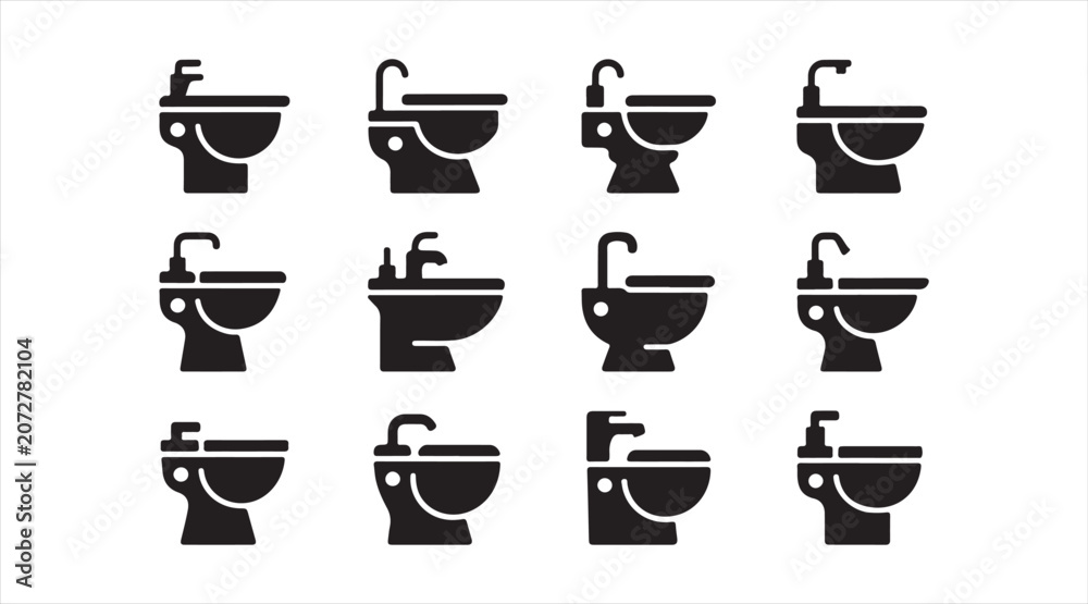 Fototapeta premium Black Bathtub Silhouette Icon Set with Freestanding, Clawfoot, and Modern Bathroom Tub Designs