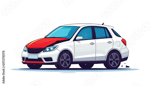 White Car with Red Hood Side View.