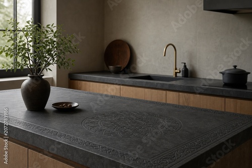 A dark grey soapstone kitchen countertop with carved patterns and soft light.