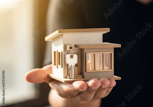 Hand Holding Wooden Miniature House Model With Key for Real Estate Investment