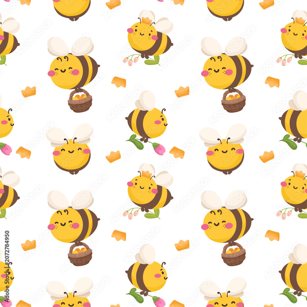 Obraz premium Seamless pattern with cute bees, flat illustration.
