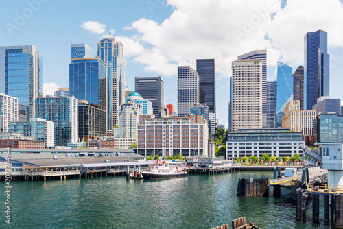 Bright and sunny panoramic view of Seattle skyline from the water
