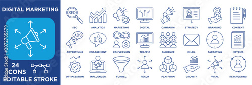 digital marketing icon collection set. Containing SEO, Analytics, Marketing, Digital, Campaign, Strategy and Branding. line vector.