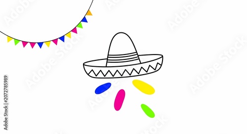Minimalist Mexican sombrero with colorful confetti and festive bunting.