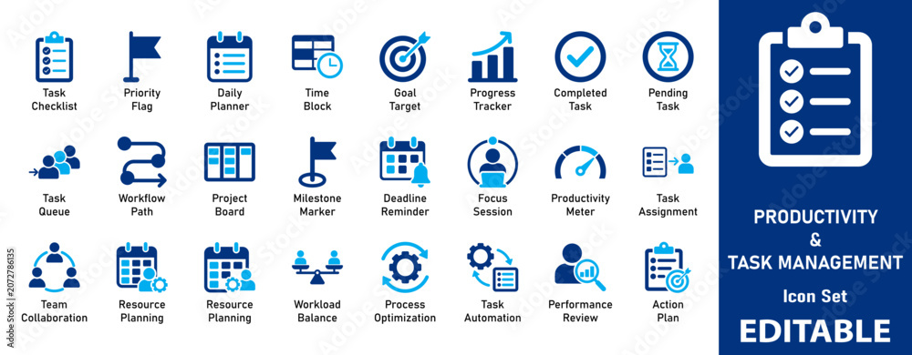 Naklejka premium Productivity and Task Management Icon Set. Clipboard, Calendar, Goal Target, Business Planning, Teamwork, and Time Tracking Elements for Web Design.