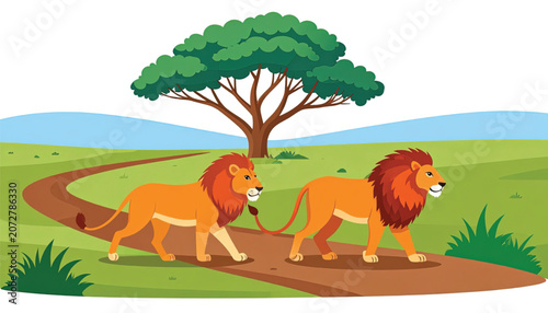Two lions walking on pathway together.
