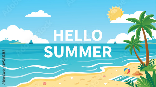 Hello Summer Tropical Beach Festival Banner Design for Seasonal Travel Promotion white background