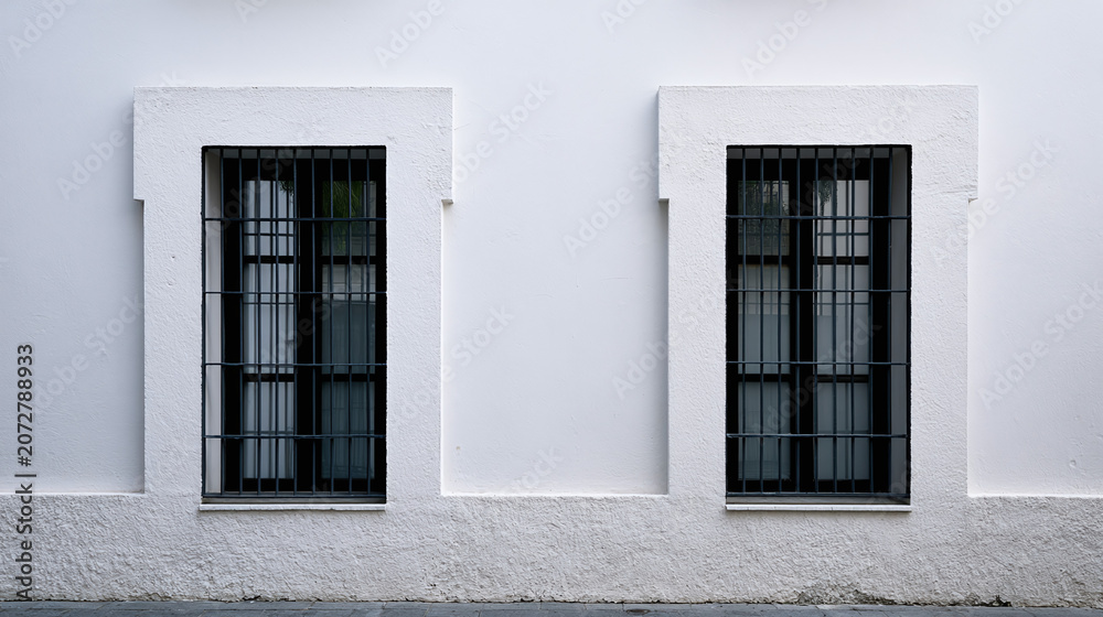 Fototapeta premium Two Minimalist Windows with Security Bars on a White Building Exterior