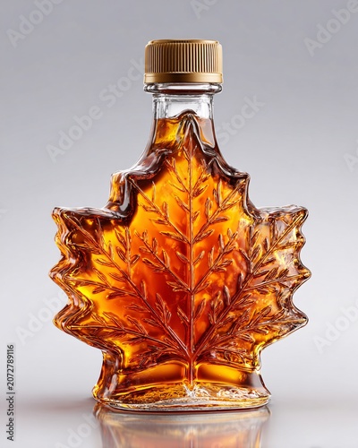 Glass bottle shaped like maple leaf filled with golden liquid on reflective surface
