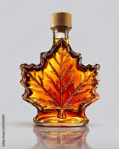 Glass bottle with golden maple leaf design on reflective surface