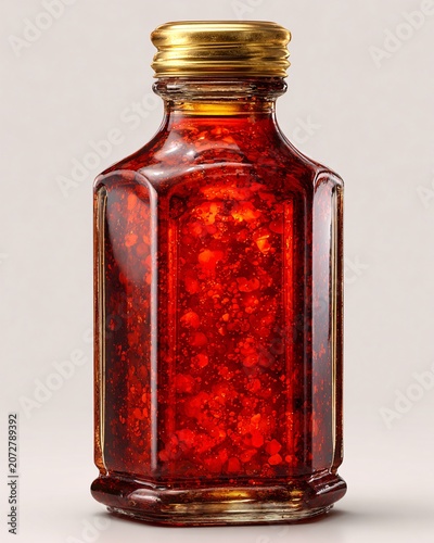 Glass bottle filled with red spice powder on white background