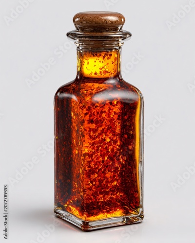 Glass bottle with golden spice particles and metal clasp on white background