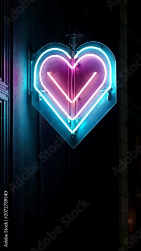 Glowing Neon Heart Sign Flashing in Neon Pink and Cyan Blue Colors on Night Wall Vertical Video 