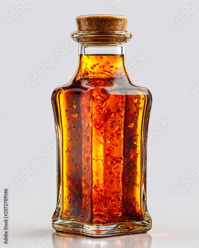 Glass bottle with dried orange slices and spices on white background