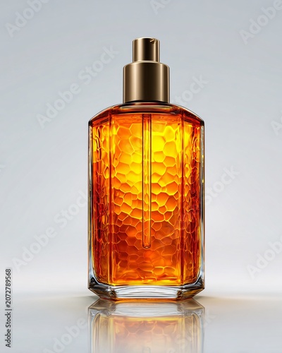Amber glass perfume bottle with golden floral pattern on reflective surface