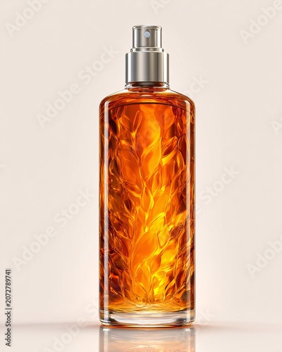 Amber glass bottle with fiery flame pattern against white background