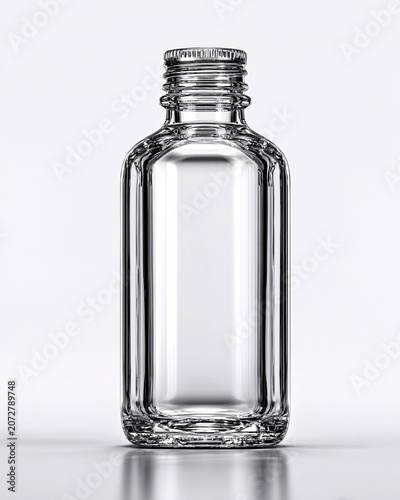 Empty clear glass bottle with screw cap on reflective surface