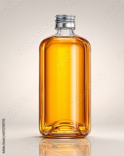 Amber glass bottle with golden liquid on wooden surface in soft light
