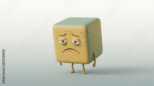 A sad cube character with a frowning face expression stands alone on a surface in a neutral environment.