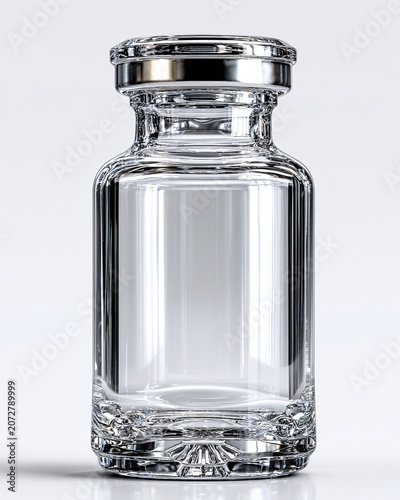 Empty clear glass bottle with screw cap on neutral background