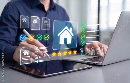 digital real estate appraisal and housing quality control concept, professional checking property compliance and service standards on laptop, home rating system with checkmarks and stars for residenti