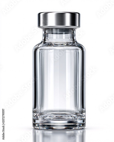 Empty glass bottle with silver metal cap on reflective surface