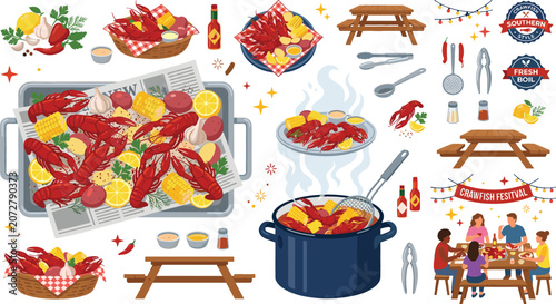 Photos Seafood crawfish boil element set with corn potato hot sauce and picnic table fo