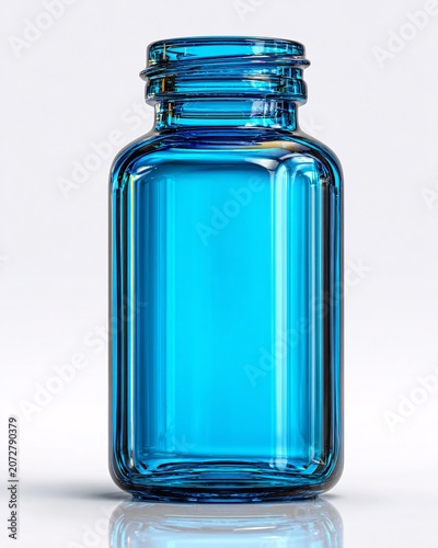 Empty turquoise glass bottle with screw cap on white background