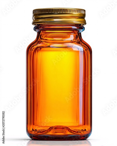 Amber glass jar filled with golden liquid on white background