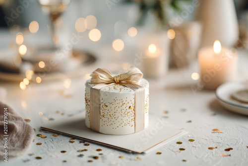 Wrapped celebration gift box with gold ribbon and confetti on table for festive party background and elegant banner design
