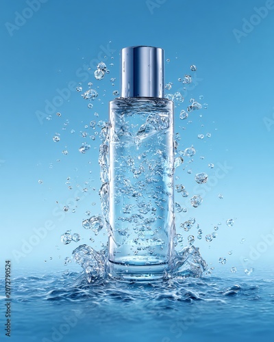 Clear glass bottle splashing water with silver cap against blue background