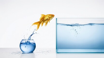 Fish jumps from small bowl into large aquarium tank on surface