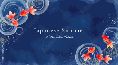 Bild auf Leinwand 金魚の背景イラスト,水彩風の夜の波紋と和風きんぎょ、夏の濃紺フレーム枠、青海波と金粉の長方形デザイン背景、高級和モダン広告素材,手描きベクター,お盆ギフト・夏セ