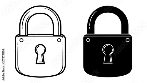 Foto Antique Lock Icons: Two classic padlock icons, one in a detailed line drawing and the other in a bold silhouette, represent security and protection