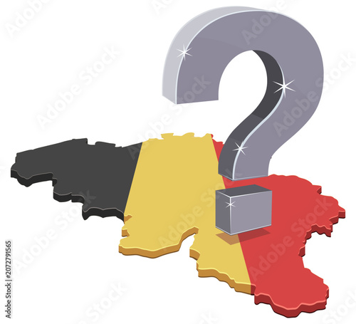 Isometric map of Belgium textured with the national flag, featuring a large 3d silver question mark representing uncertainty, political issues, and future challenges (cut out).