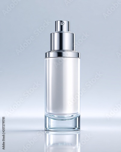 Silver and white perfume bottle on reflective surface with minimalist design