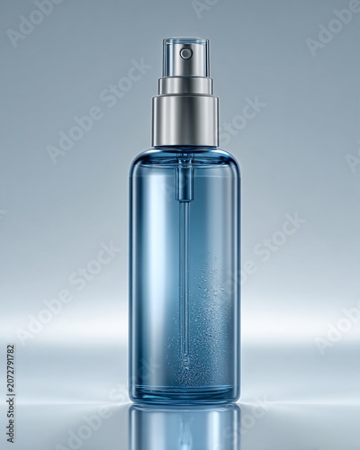 Blue glass perfume bottle with silver spray nozzle on reflective surface