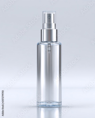Clear glass spray bottle with silver pump on white background
