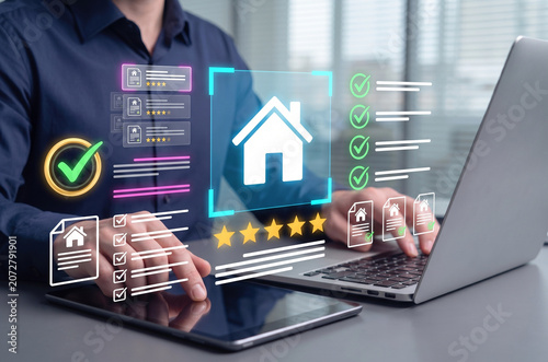 digital real estate appraisal and housing quality control concept, professional checking property compliance and service standards on laptop, home rating system with checkmarks and stars for residenti