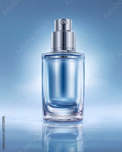 Clear glass perfume bottle with silver cap on reflective blue surface