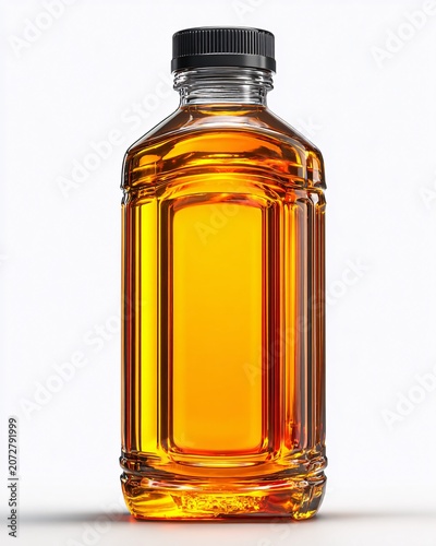 Amber glass bottle with golden liquid and black cap on white background